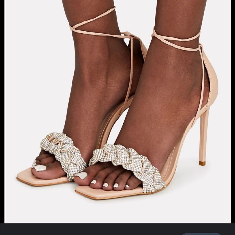 Schutz blush nude Alissa Crystal braid sandal heel tie wrap 7